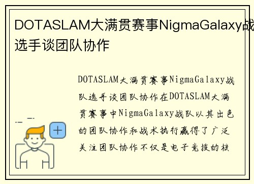 DOTASLAM大满贯赛事NigmaGalaxy战队选手谈团队协作